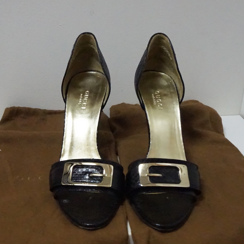 **Authentic** Gucci Black Python Leather Open Pump - image 5